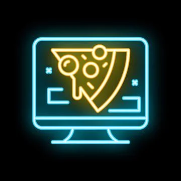 Neon sign showing computer screen displaying pizza slice for food delivery ap Stock Illustration