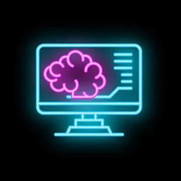 Neon sign showing a desktop computer with a human brain displayed on the scre 库存插图