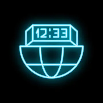 Neon sign showing digital clock displaying time over planet earth Stock Illustration