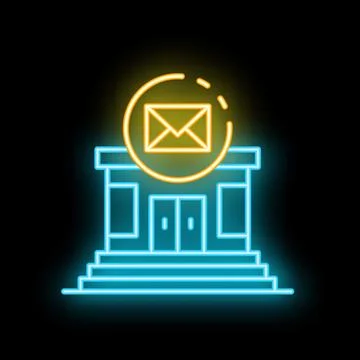 Neon sign showing an envelope floating over a building for email marketing Ilustración de archivo