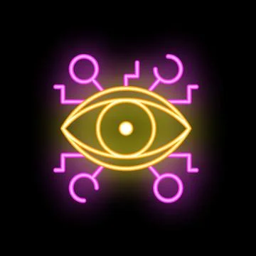 Neon sign showing eye with network connections on black background Stock Illustration