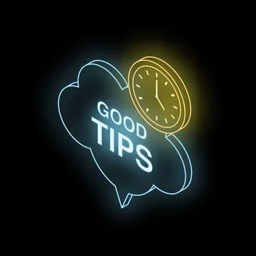 Neon sign showing good tips and clock on black background Stock Illustration