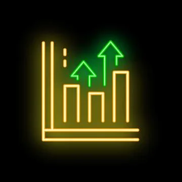 Neon sign showing growing chart with green up arrows on black background Stock Illustration