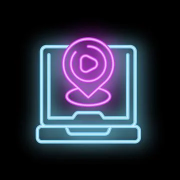 Neon sign showing a laptop computer with location pin displaying play button  Stock Illustration