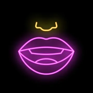 Neon sign showing lips talking with pierced nose on black background Illustration
