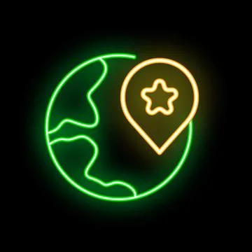 Neon sign showing a map pin pointing a star on a planet earth Stock Illustration