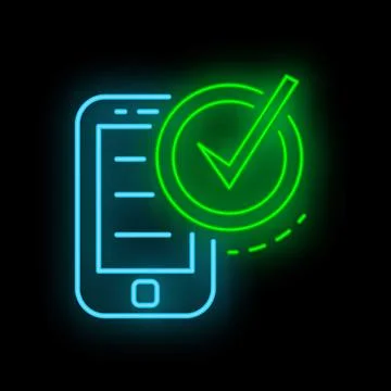 Neon sign showing mobile phone validating data with check mark symbol Stock Illustration