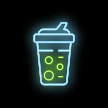 Neon sign showing a refreshing bubble tea cup with ice cubes on black backg.. Stock Illustration