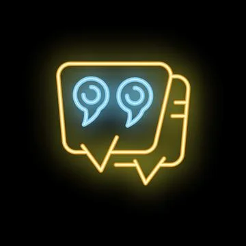 Neon sign showing speech bubble with quotation marks on black background Stock Illustration