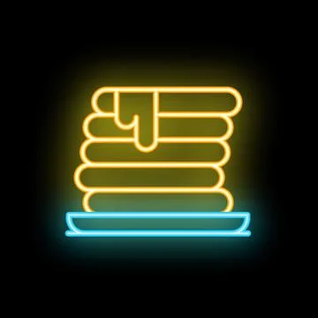 Neon sign showing stack of pancakes with syrup dripping down on black backg.. Stock Illustration