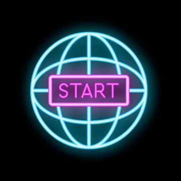 Neon sign showing start button overlaying a world grid on black background Stock Illustration