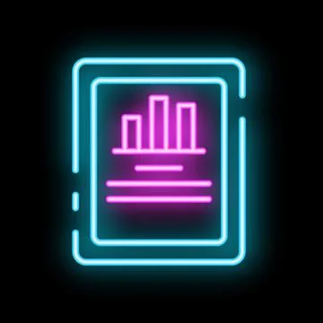 Neon sign showing tablet computer displaying bar chart icon on black backgrou Stock Illustration