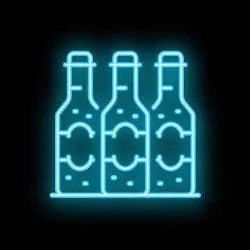 Neon sign showing three bottles standing in a row on black background Stock Illustration