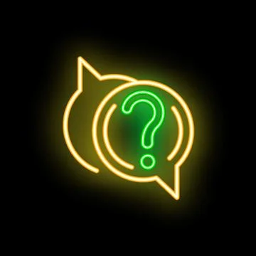Neon sign showing two speech bubbles with question mark on dark background Illustrazione stock