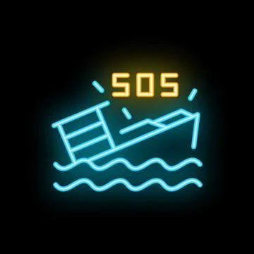 Neon sign of sinking ship sending sos signal Stock Illustration