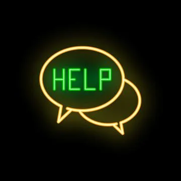 Neon sign speech bubble asking for help on black background Illustrazione stock