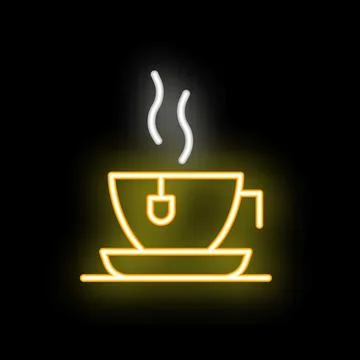 Neon sign of steaming hot cup of tea on saucer Stock Illustration