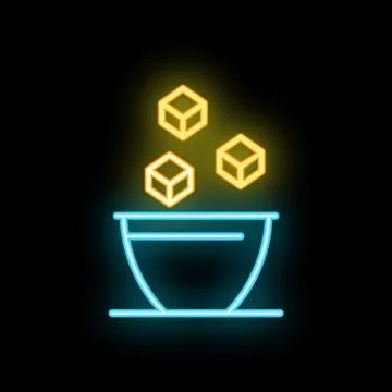 Neon sign of sugar cubes falling into a bowl on black background Stock Illustration