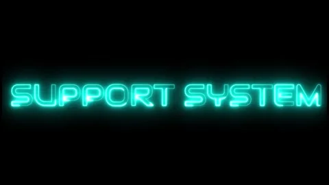 Neon Sign: Support System - Teal Glowing Text on Black Background Stock Footage 309382732