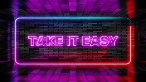 Neon sign take it easy in speech bubble frame on brick wall background 3d Vídeo Stock 265066989