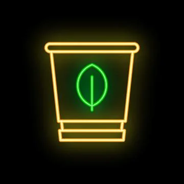 Neon sign of a tea cup with a leaf logo glowing on black background Stock Illustration