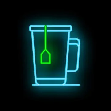 Neon sign of a tea cup with tea bag hanging representing relaxation and enj.. Stock Illustration
