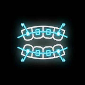 Neon sign of teeth wearing braces for orthodontic treatment Stock Illustration