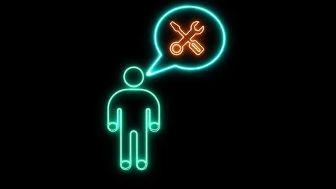 Neon sign with a thought bubble containing a wrench on a black background. Stock Illustration