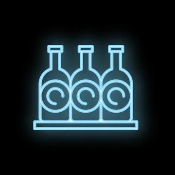 Neon sign of three bottles standing on shelf on black background Stock Illustration