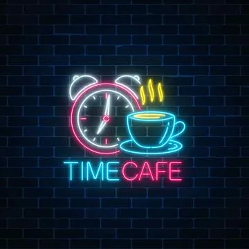 Neon sign of time-cafe with clock and coffee cup. Glowing symbol of anti-cafe Stock Illustration