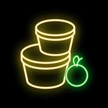Neon sign of two buckets and an apple on a black background Stock Illustration
