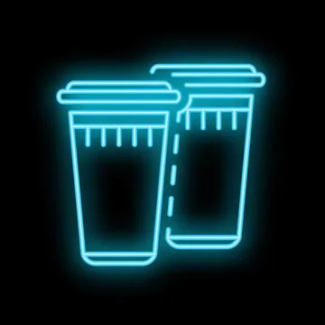 Neon sign of two plastic cups with straws for cold drinks on black background 스톡 일러스트