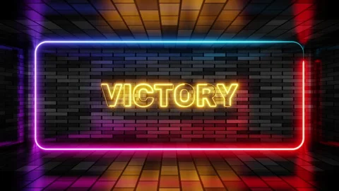 Neon sign victory in speech bubble frame on brick wall background 3d render. Stock Footage 265065048