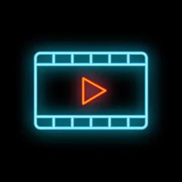 Neon sign of video player frame with play button glowing on black background Stock Illustration