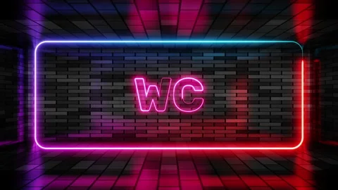 Neon sign wc in speech bubble frame on brick wall background 3d render. Light Stock Footage 265074435