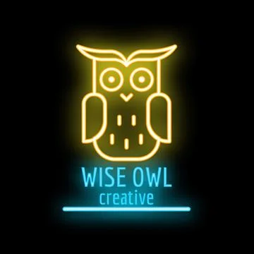 Neon sign of wise owl looking forward on black background Stock Illustration