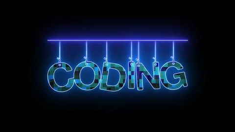 Neon sign with word CODING in blue on a black background. Stock Illustration