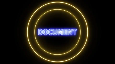 Neon sign with word DOCUMENT a glowing yellow ring animated on a black back.. Stock Footage 265473438