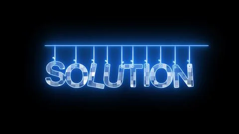Neon sign with word SOLUTION glowing in blue on a black background. Illustrazione stock