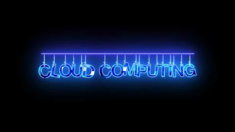 Neon sign with words Cloud Computing glowing in blue on dark background. Stock Illustration