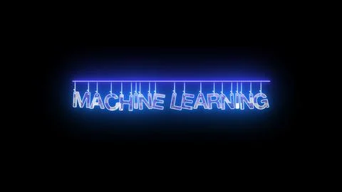 Neon sign with words Machine Learning glowing in blue on dark background. Stock Illustration