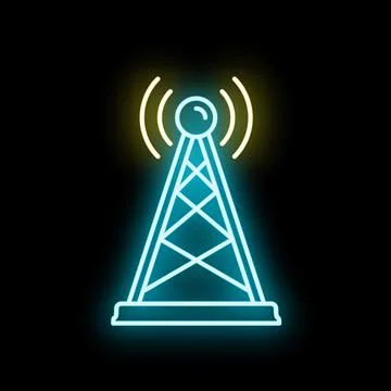 Neon signal tower transmitting wireless communication icon Stock Illustration