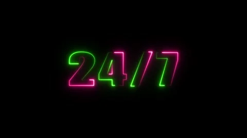 Neon signboard 24 7 open hours time, Neon Blue Open 24 7 Hours sign on Bric.. Stock Footage 310755871