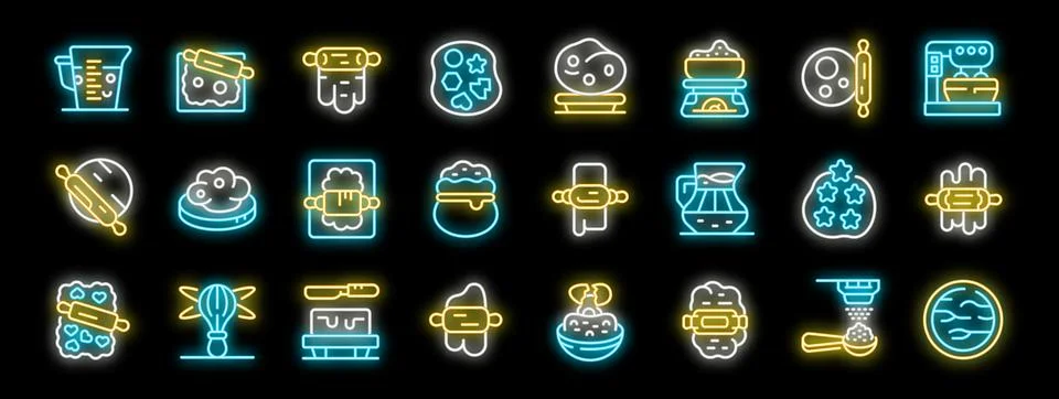 Neon signs representing baking process, featuring rolling pins, dough, measur 스톡 일러스트