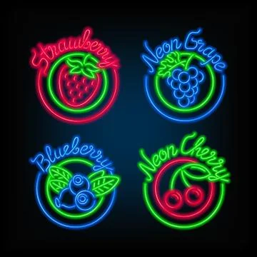Neon signs. The set of different bright signboard with fruit. Stock Illustration