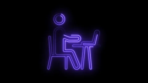 Neon silhouette animation of remote work person using laptop at desk on black Stock Footage 322961933