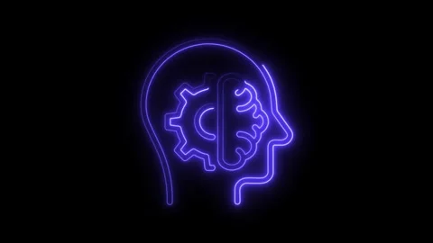 Neon silhouette of human head with brain and gear representing thinking proce Stock Footage 314650807
