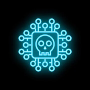 Neon skull glowing inside microchip on black background Illustrazione stock