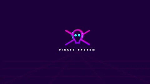 Neon skull icon with crossed bones and text pirate system on dark purple footage Video stock 342725181