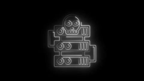 Neon skull server rack cyber attack threat data breach security risk hacking Stock Footage 333970463